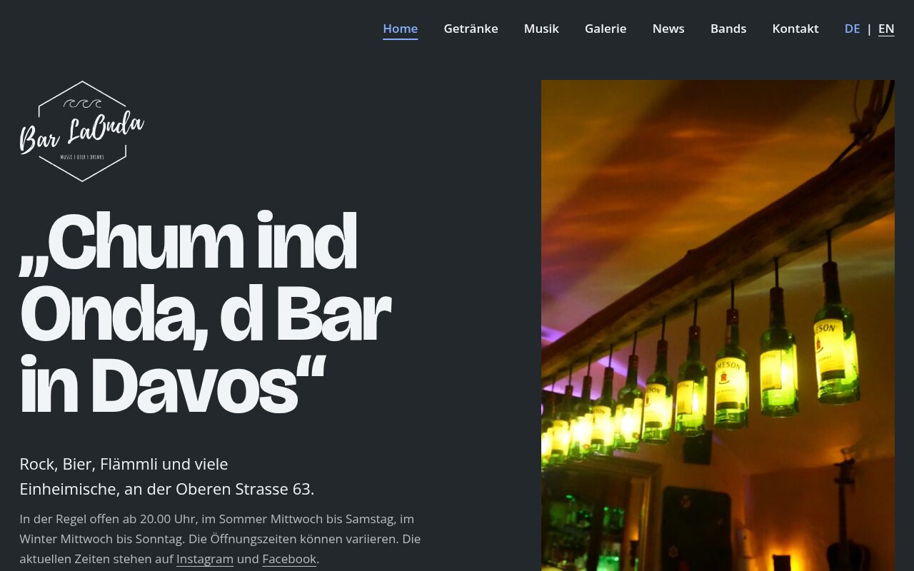 Startseite von Bar LaOnda. Website für eine Bar in Davos, mit Musik, Bier und Drinks.