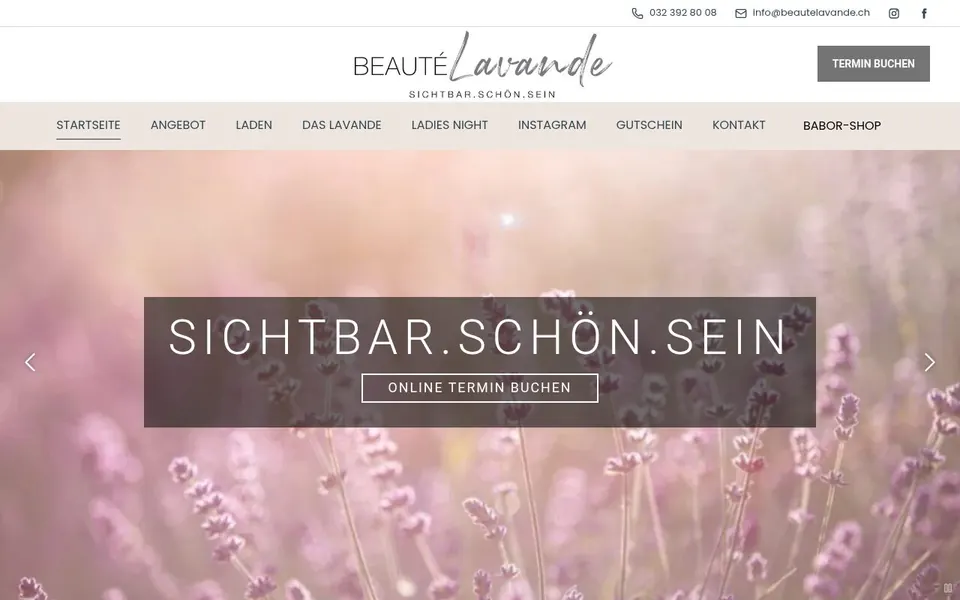 Startseite von Beauté Lavande. Website für ein Kosmetikinstitut in Aarberg mit Online-Terminbuchung.
