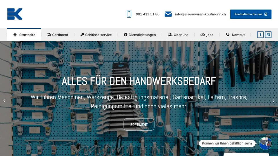 Startseite von Eisenwaren Kaufmann AG. Informationswebsite mit Produktkatalog für das Eisenwarengeschäft.