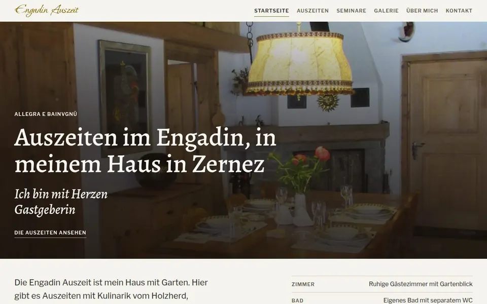 Startseite von Engadin Auszeit. Auszeiten und Seminare im Engadin, in einem Haus mit Garten in Zernez.