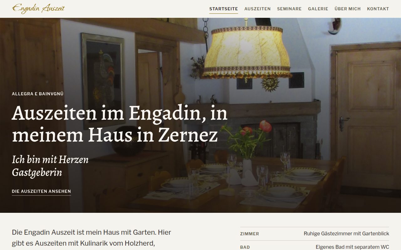 Startseite von Engadin Auszeit. Auszeiten und Seminare im Engadin, in einem Haus mit Garten in Zernez.