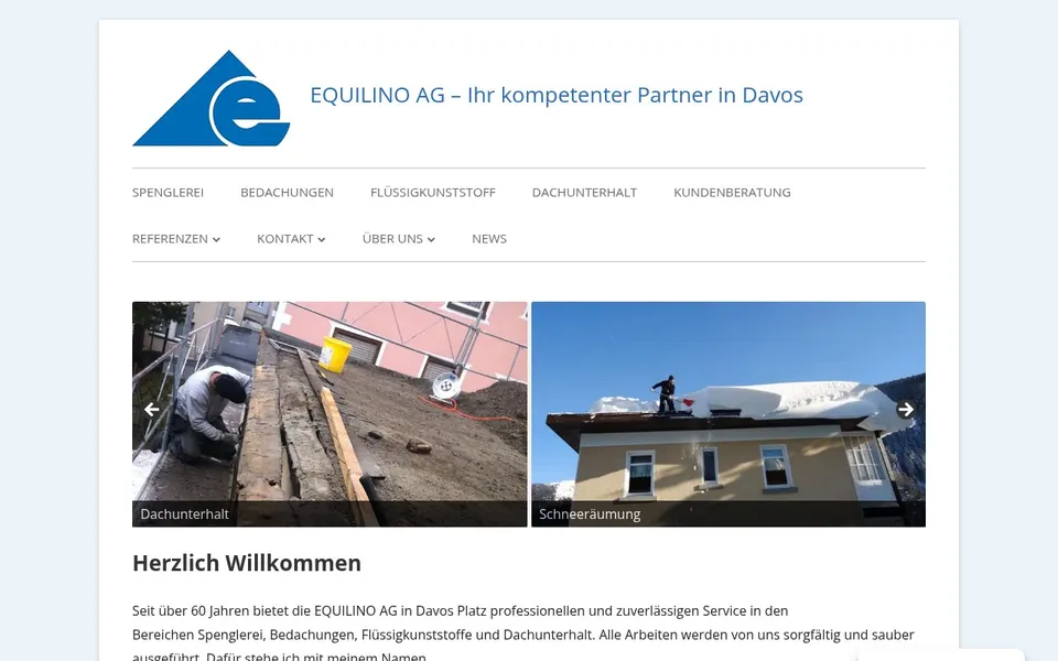 Startseite von Equilino AG. Firmenwebsite für eine Spenglerei mit Bedachungen und Dachunterhalt.