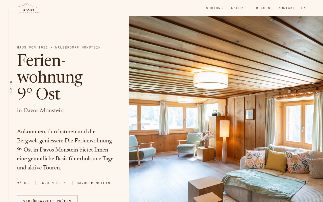 Startseite von Ferienwohnung 9° Ost. Website für eine Ferienwohnung in einem Haus von 1912 in Davos Monstein.