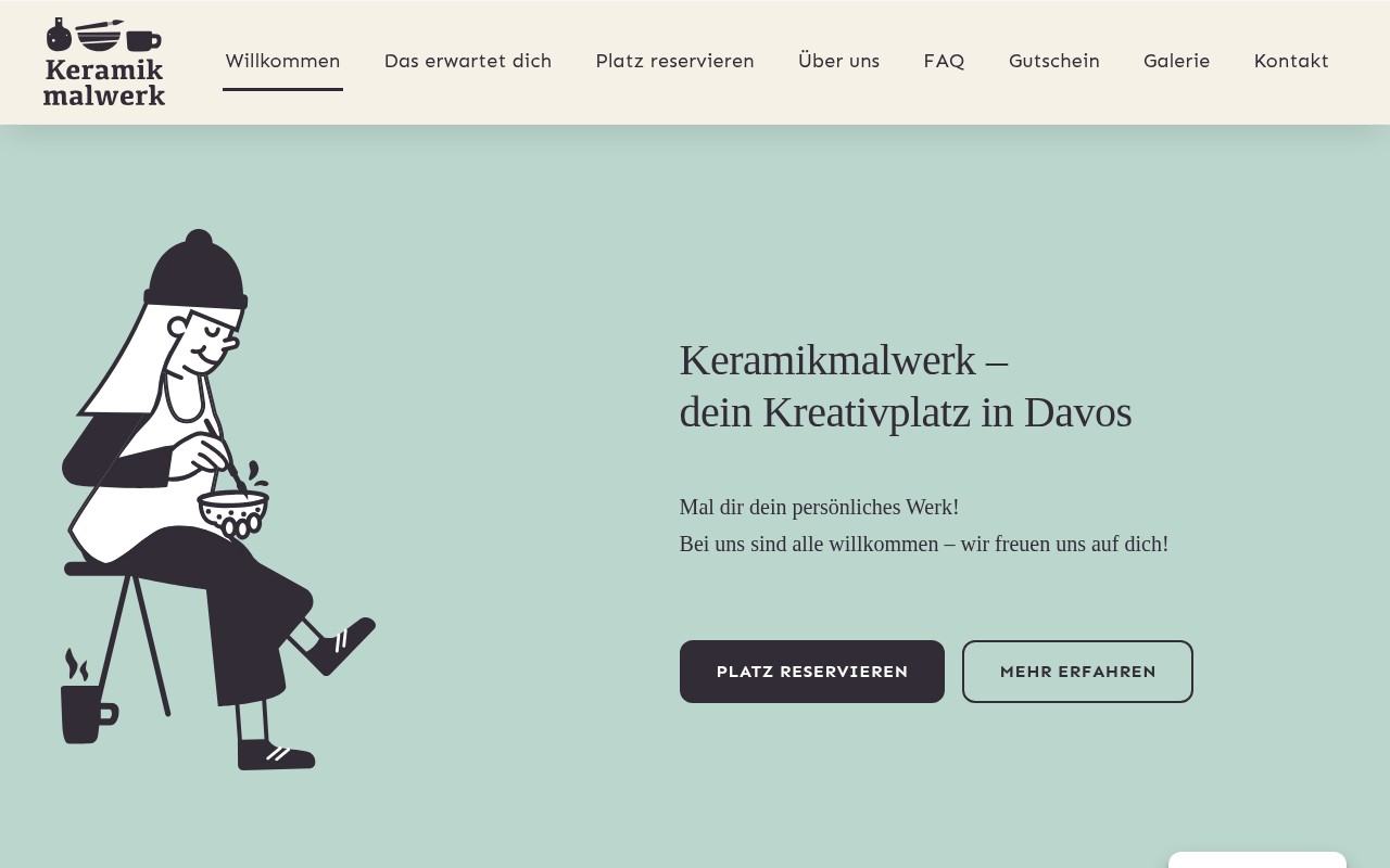 Startseite von Keramik Malwerk. Keramik-Mal-Atelier in Davos mit über 100 Modellen zum Bemalen.