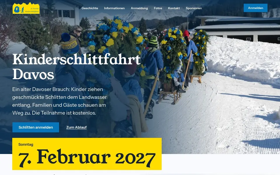 Startseite von Kinderschlittfahrt Davos. Website für die traditionelle Davoser Kinderschlittenfahrt.
