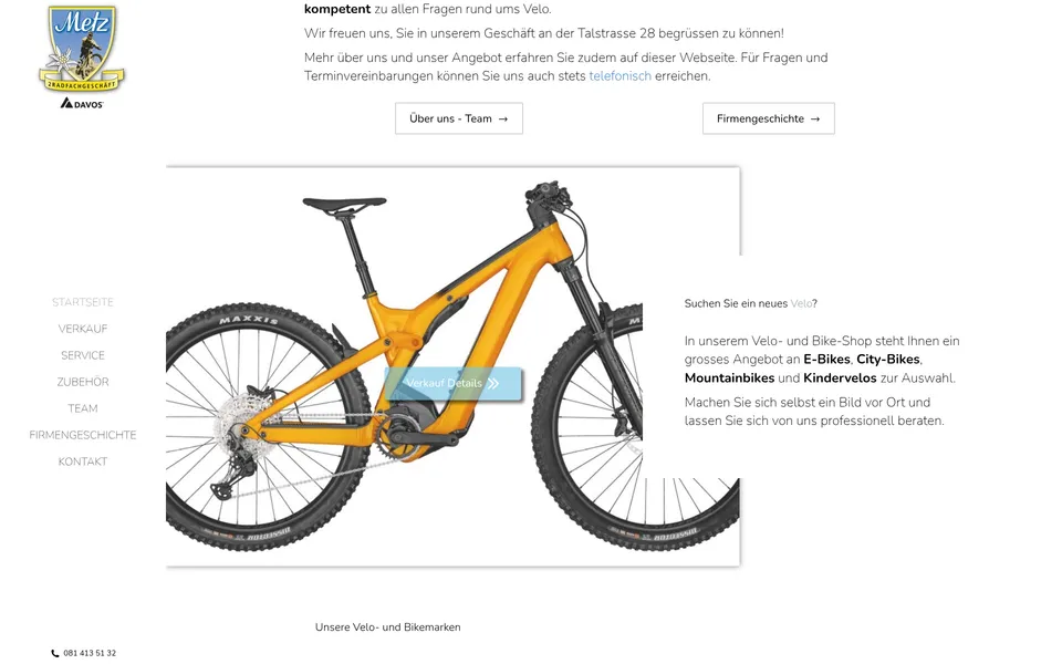 Startseite von Metz Davos. Website eines Radfachgeschäfts mit Beratung, Verkauf und Reparaturen in Davos Platz.