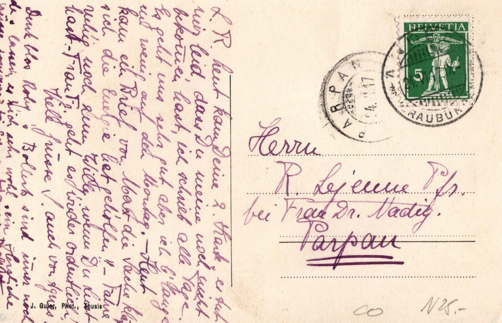 Rückseite einer Postkarte von 1917 mit Briefmarke Tellknabe