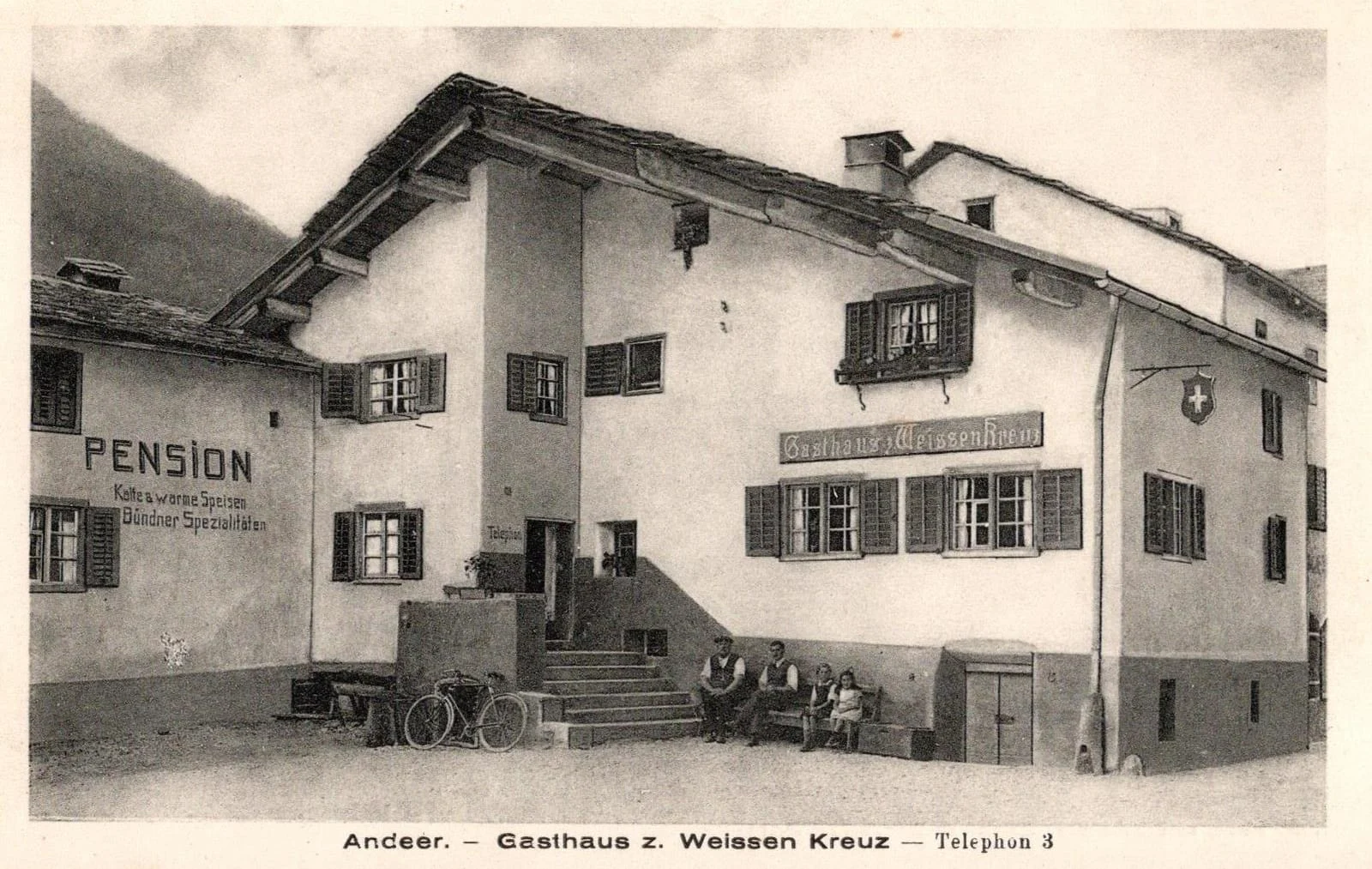 Weisses Kreuz Andeer, Postkarte Gasthaus z. Weissen Kreuz, Telephon 3
